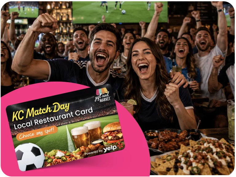 Couple celebrating at a bar and using their local Gift Card Market bar card