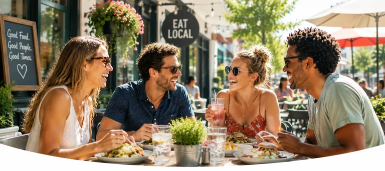 Four friends enjoying a lunch using their Gift Card Market restaurant gift card
